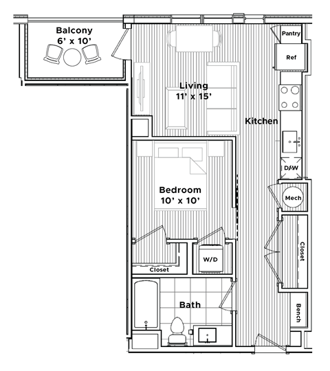 Floor plan for studio, 1 bath, 617 sqft